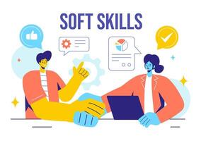 Illustration of Office Workers Demonstrating Soft Skills of Empathy, Communication, Idea Development, Skill, and Education in a Flat Background vector