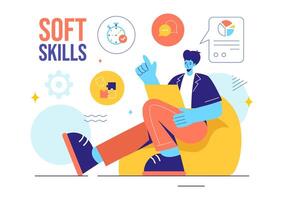 Illustration of Office Workers Demonstrating Soft Skills of Empathy, Communication, Idea Development, Skill, and Education in a Flat Background vector