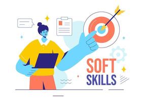 Illustration of Office Workers Demonstrating Soft Skills of Empathy, Communication, Idea Development, Skill, and Education in a Flat Background vector