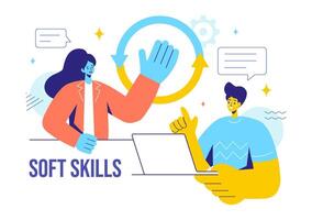 Illustration of Office Workers Demonstrating Soft Skills of Empathy, Communication, Idea Development, Skill, and Education in a Flat Background vector