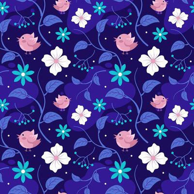 Floral Seamless Pattern Design Illustration with Blooming Branches and Leaf Flower in Hand-Drawn Cartoon Style Template