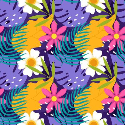 Floral Seamless Pattern Design Illustration with Blooming Branches and Leaf Flower in Hand-Drawn Cartoon Style Template