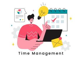 Illustration of Time Management with Clock Controls and Task Planning, Training Activities, and Schedule in a Flat Cartoon Style Background vector