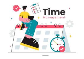 Illustration of Time Management with Clock Controls and Task Planning, Training Activities, and Schedule in a Flat Cartoon Style Background vector