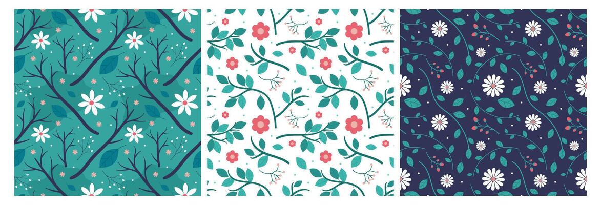 Floral Seamless Pattern Design Illustration with Blooming Branches and Leaf Flower in Hand-Drawn Cartoon Style Template