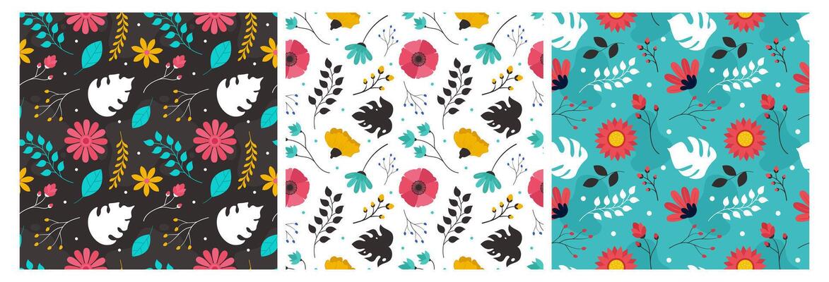 Floral Seamless Pattern Design Illustration with Blooming Branches and Leaf Flower in Hand-Drawn Cartoon Style Template