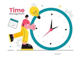 Illustration of Time Management with Clock Controls and Task Planning, Training Activities, and Schedule in a Flat Cartoon Style Background vector