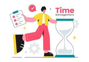 Illustration of Time Management with Clock Controls and Task Planning, Training Activities, and Schedule in a Flat Cartoon Style Background vector