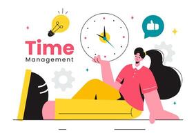 Illustration of Time Management with Clock Controls and Task Planning, Training Activities, and Schedule in a Flat Cartoon Style Background vector