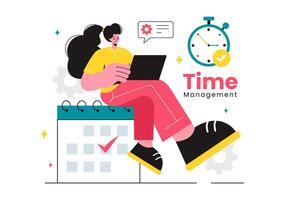 Illustration of Time Management with Clock Controls and Task Planning, Training Activities, and Schedule in a Flat Cartoon Style Background vector