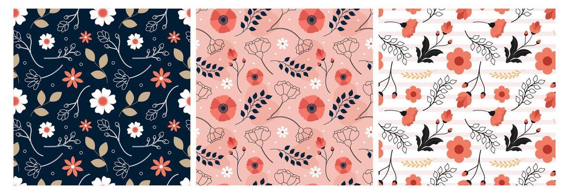 Floral Seamless Pattern Design Illustration with Blooming Branches and Leaf Flower in Hand-Drawn Cartoon Style Template