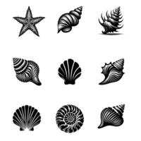 Elegant Black and White Silhouette Set of Sea Shells and Starfish, Intricate Nautical Designs for Digital Art, Prints, and More vector