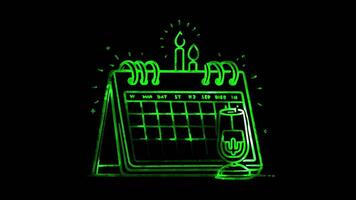 Glowing looping Rosh Hashanah day Calendar showing the proximity of Rosh Hashanah and Yom Kippur. shapes neon frame effect, black background. video