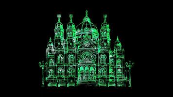 Glowing looping Rosh Hashanah day Historical synagogue architecture. shapes neon frame effect, black background. video