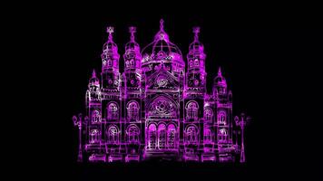 Glowing looping Rosh Hashanah day Historical synagogue architecture. shapes neon frame effect, black background. video