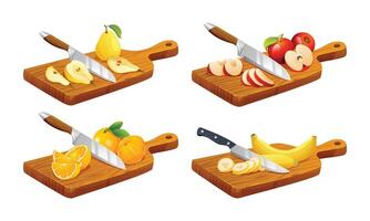 Set of various fruits on cutting boards. Includes pear, apple, orange, and banana. illustration vector