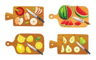 Set of various fruits on cutting boards. Includes apple, watermelon, lemon, and pear. illustration vector
