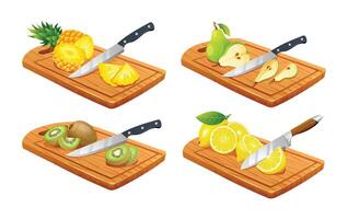 Set of different fruits on cutting boards. Includes pineapple, pear, kiwi, and lemon. illustration vector