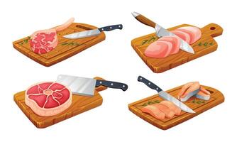 Set of different meats on cutting boards. Includes steak, chicken, and fish. illustration vector