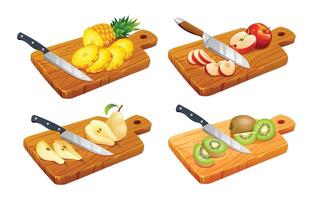 Set of various fruits on wooden cutting boards. Includes pineapple, apple, pear, and kiwi. illustration vector