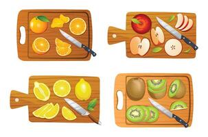 Set of various fruits on cutting boards. Includes orange, apple, lemon, and kiwi. illustration vector