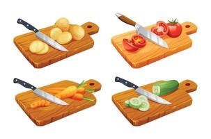 Set of various vegetables on cutting boards. Includes potatoes, tomatoes, carrots, and cucumbers. illustration vector
