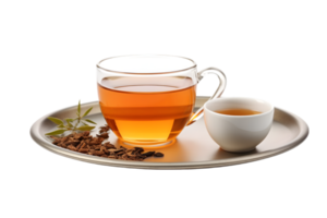 Cup of green tea with dry tea leaves on transparent background png
