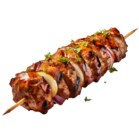 Skewers of pork meat with onion and parsley on transparent background png