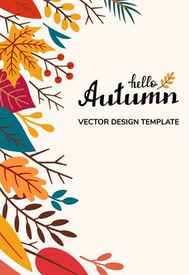 Autumn leaflet with Hello Autumn lettering and foliage. Advertising poster, banner, leaflet. Fall foliage in doodle style. Cartoon illustration. Cartoon flyer with handwritten calligraphy.