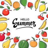 Summer decorative round frame with fruits and lettering HELLO SUMMER. Summer fruits harvest square frame. Summer time postcard template. Cartoon illustration, decor frame. Copy space vector