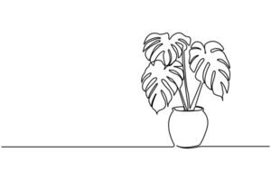 Monstera plant hand-drawn continuous one-line drawing isolated on white background. vector
