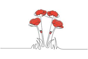 Minimalist floral continuous line art drawing. Poppy flowers doodle design isolated on white background vector
