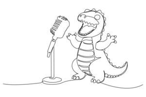 Dinosaur singing hand-drawn continuous single-line drawing isolated on white background. vector