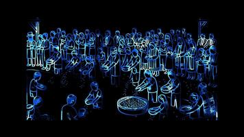 Glowing looping Rosh Hashanah day People participating in the Tashlich ceremony by a body of water. shapes neon frame effect, black background. video