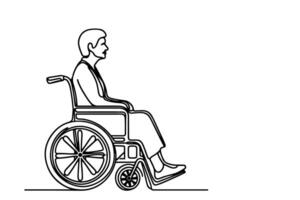 Continuous one line drawing of senior old people sitting in wheelchair, people with disability outline on white background vector
