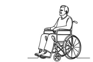 Continuous one line drawing of senior old people sitting in wheelchair, people with disability outline on white background vector