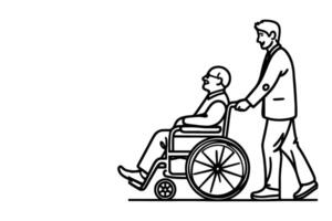 Continuous one line drawing of senior old people sitting in wheelchair, people with disability outline on white background vector