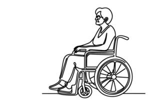 Continuous one line drawing of senior old people sitting in wheelchair, people with disability outline on white background vector