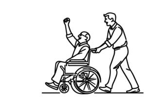 Continuous one line drawing of senior old people sitting in wheelchair, people with disability outline on white background vector