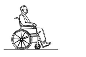 Continuous one line drawing of senior old people sitting in wheelchair, people with disability outline on white background vector
