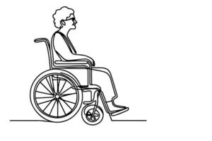 Continuous one line drawing of senior old people sitting in wheelchair, people with disability outline on white background vector