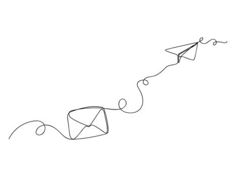 Continuous one line drawing of paper airplane with envelope. vector