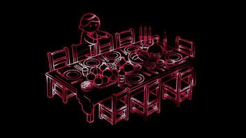 Glowing looping Rosh Hashanah day Table set for a Rosh Hashanah meal with traditional foods a modern cultural tradition. shapes neon frame effect, black background. video