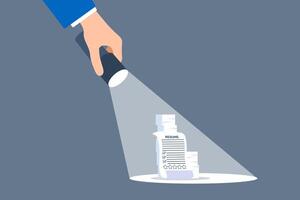 Employer hand shining flashlight on stack of resumes illuminating top talent focused candidate search finding best detailed scrutiny vector