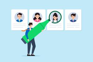 Businessman highlighting candidate profile with green marker marking top talent recognizing excellence standout candidates visual recognition vector