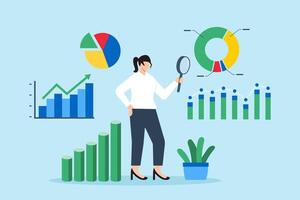 Businesswoman using magnifying glass to analyze data concept research insights and informed decision-making vector