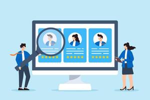 Recruiter reviewing candidate profiles through digital screen concept modern recruitment technology in hiring virtual employee evaluation online screening vector