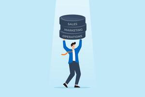 Businessman lifting weights labeled Sales Marketing and Operations concept balancing different business functions vector