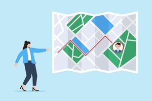 Recruiter navigating map with candidate profiles detailed strategic talent search finding best path mapping out recruitment vector