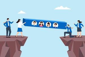 HR team building bridge with candidate profiles connecting talent bridging gaps strategic hiring collaborative recruitment vector